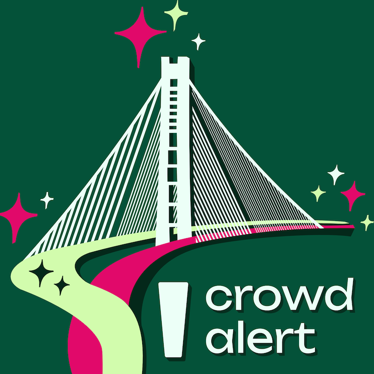Crowdalert shirt design featuring the bay bridge at night rendered in white, green, and hot pink