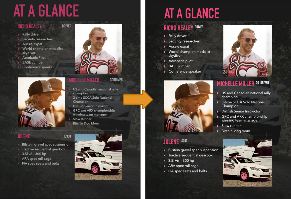 Two versions of the same sponsor deck page (team bios): the right one keeps the same palette and content ups the contrast on the text and improves the alignment of the various text elements and sections.