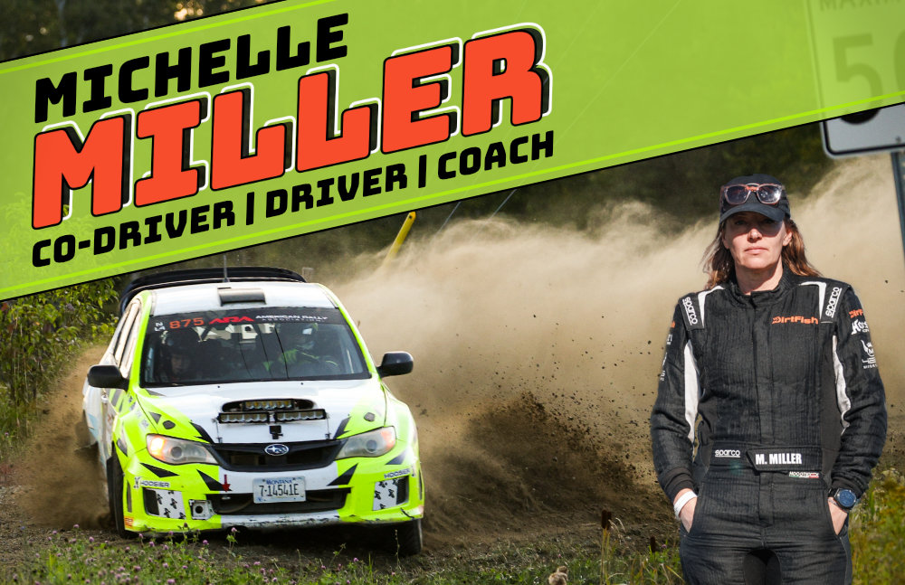 Front of hero card: 'Michelle Miller: Co-Driver | Driver | Coach' superimposed on a photo of a race car drifting and kicking up dirt and a picture of Michelle Miller
