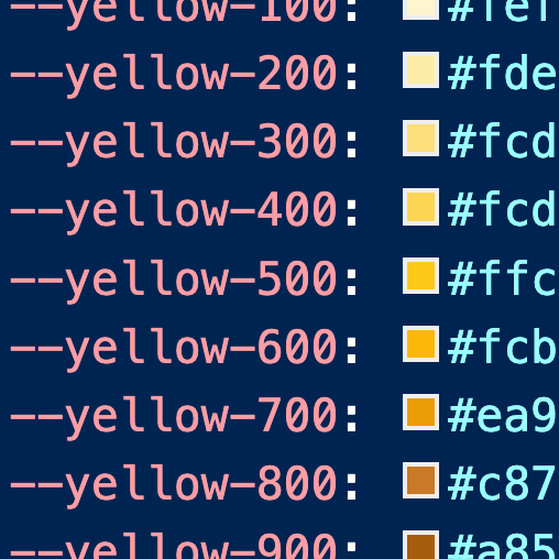 CSS variables for yellow in shades 100 through 900