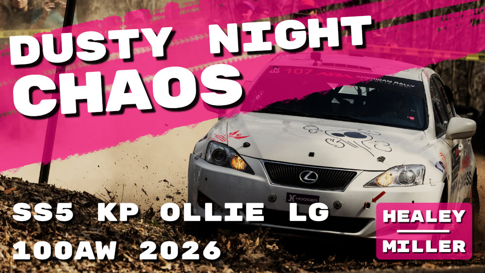 'DUSTY NIGHT CHAOS' white text with a black shadow and bright magenta highlights, including a broken-edge magenta stripe resembling tire tracks. Photo of racecar in the background.